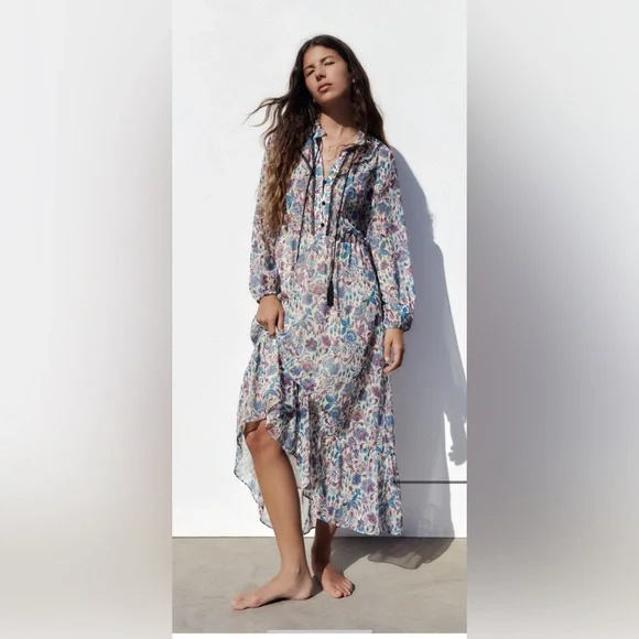 zara printed long sleeve maxi dress Green Floral Print Viscose Maxi Dress